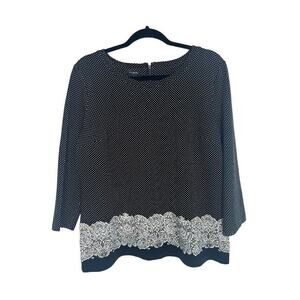 Talbots Womens Polka Dot Lace Printed Knit Blouse Top Black White Size Large